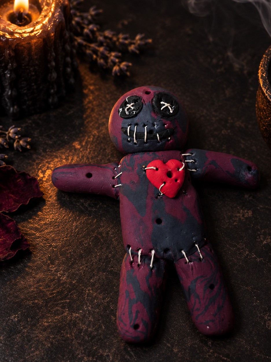 Voodoo Doll Incense Burner, burgundy and black