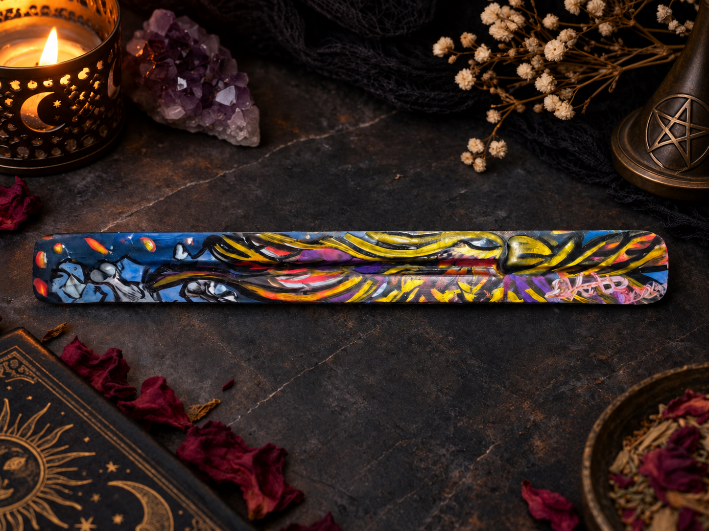 Hand-Painted Incense Stick Holder, cosmic design