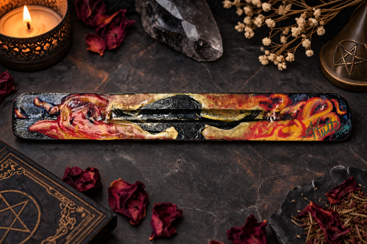 Hand-Painted Incense Stick Holder, red and gold design