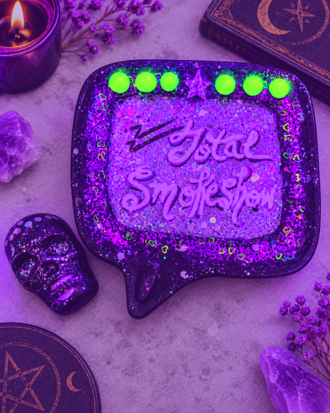 Vanity skull and ash catcher, purple and neon green colorway